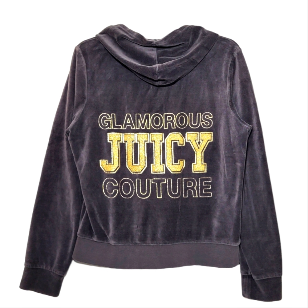 Juicy Couture Gray Velour Gold Glitter Glamorous Juicy Full Zip Sweater L